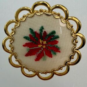 Vintage Petit Point Red Pointsettia Brooch Round